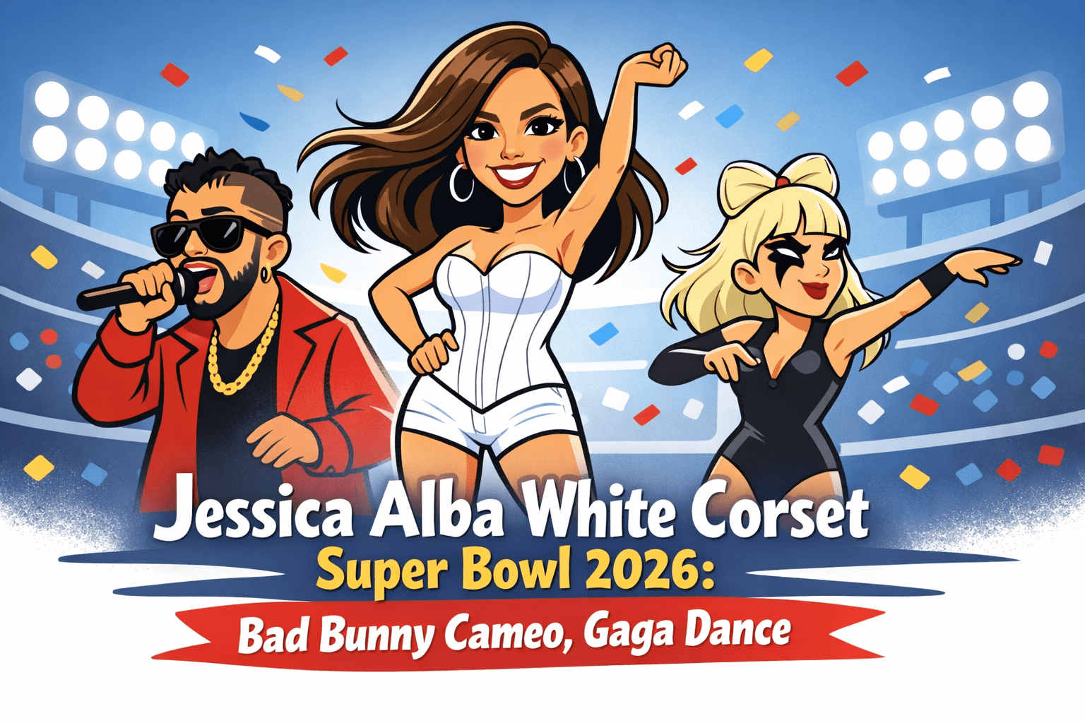 Jessica Alba White Corset Super Bowl 2026: Bad Bunny Cameo, Gaga Dance